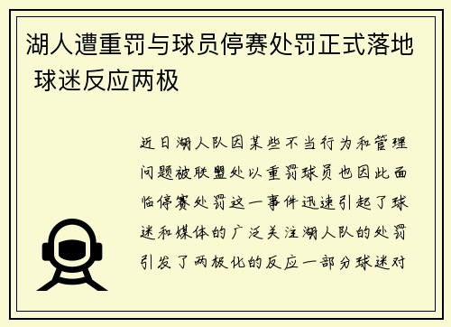 湖人遭重罚与球员停赛处罚正式落地 球迷反应两极 湖人遭重罚与球员停赛处罚正式落地 球迷反应两极